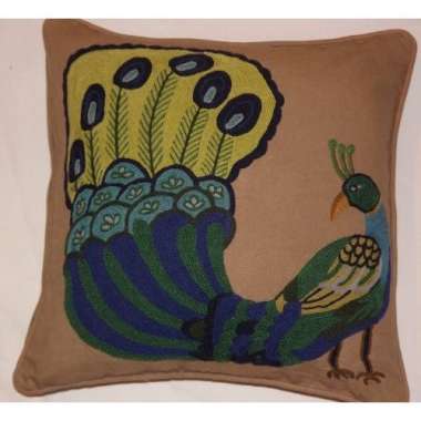 Crewel Pillow peacock design on cotton dyed fabric